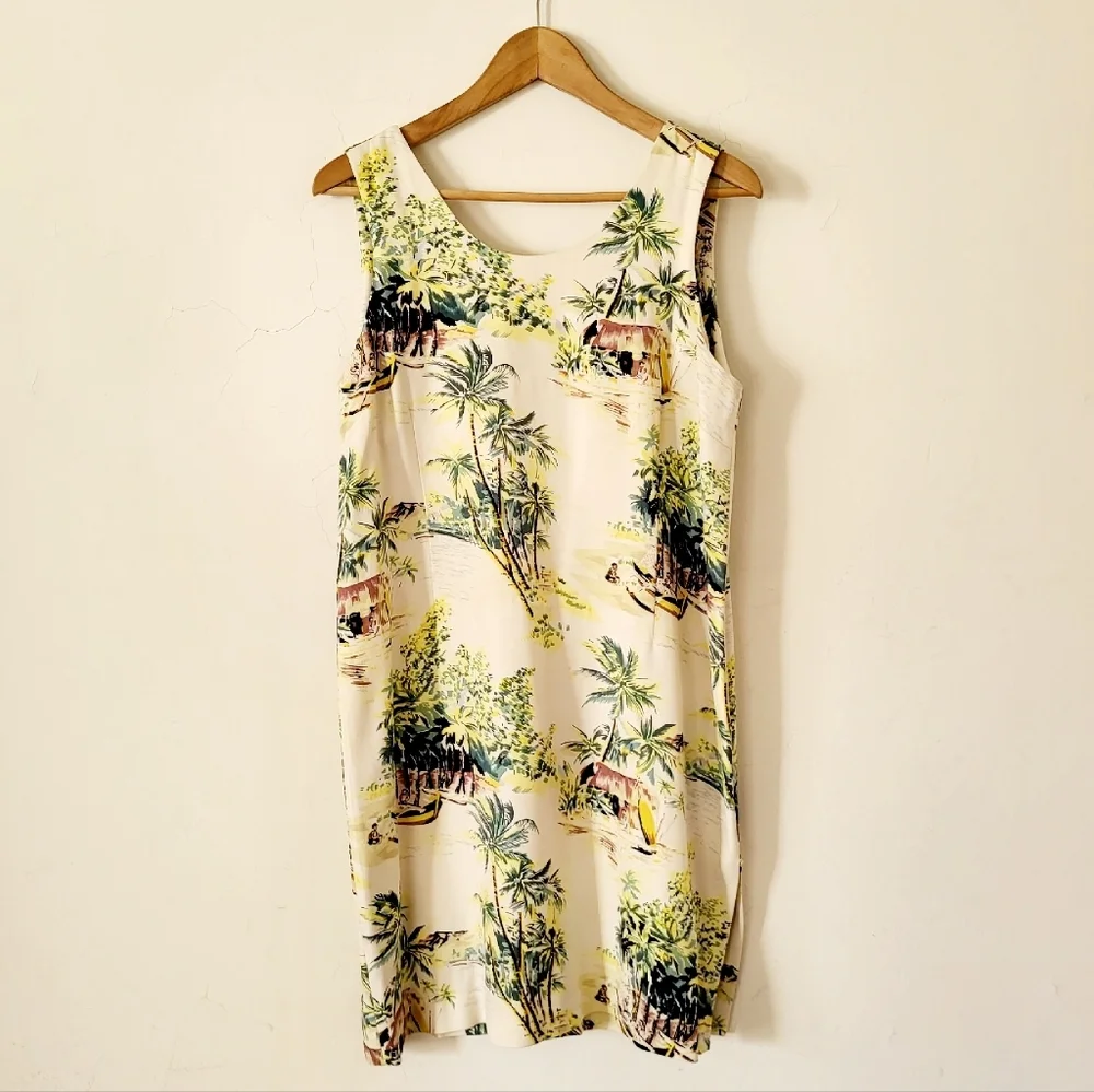 Tiki Classics 100% Silk Summer Dress Beige Palm Tree and Canoe Print Size L - Picture 8 of 8